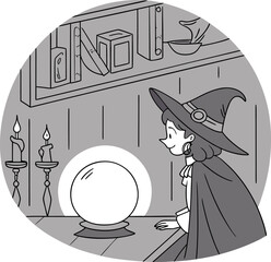 A witch with a hat and cape looks at a crystal ball in a room with candles and a bookshelf in grayscale