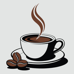 Obraz premium White coffee cup with steam and coffee beans hot drink