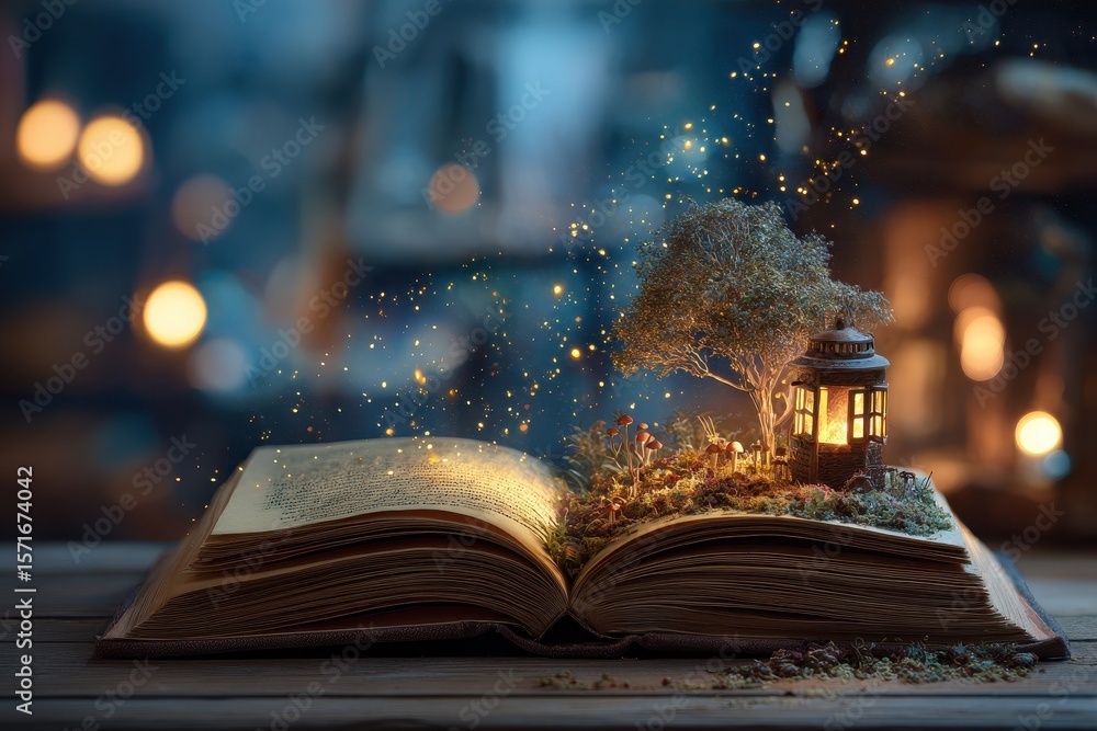 Poster exploring the enchanted realm of stories and imagination through a luminous book capturing a miniatu