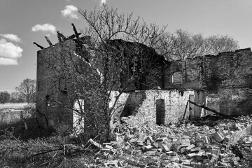 ruin of a burnt country house on the island of Karsibor