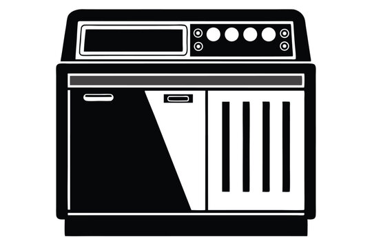 Black and White Silhouette of Vintage Minicomputer Featuring a Display Screen and Control Panel