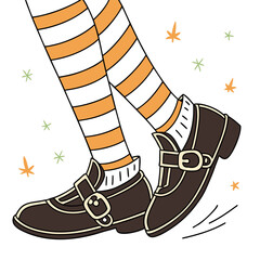 Illustration showing legs with striped stockings and brown shoes with buckles and small star accents around
