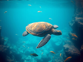 Obraz premium Green sea turtle gracefully glides through the vibrant blue ocean, its powerful fins propelling it past colorful coral reefs and diverse marine life