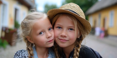 Portrait of two young  girl on a strreet.