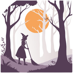 Silhouette of a witch sweeping with a broom in a forest with a full moon and bare trees, a halloween scene
