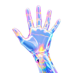 Naklejka premium A futuristic robotic hand, rendered in 3d with a glasslike texture, glows with iridescent neon colors against a clean transparent background