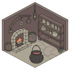 Isometric view of a potion room with a fireplace, shelves filled with jars, and a cauldron bubbling over