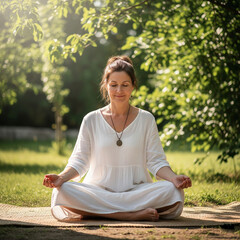 young woman meditating in the park. young woman sitting and doing yoga. Woman practicing meditation with a feeling of gratitude and peace.
