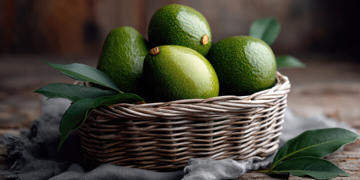 Fresh avocado green fruit wicker basket leaf healthy food rustic wooden table natural light organic produce - Powered by Adobe