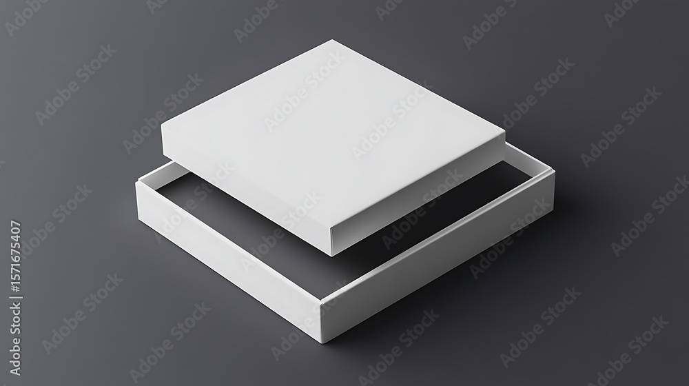 Poster isometric view showcases a square white box with floating lid on gray surface