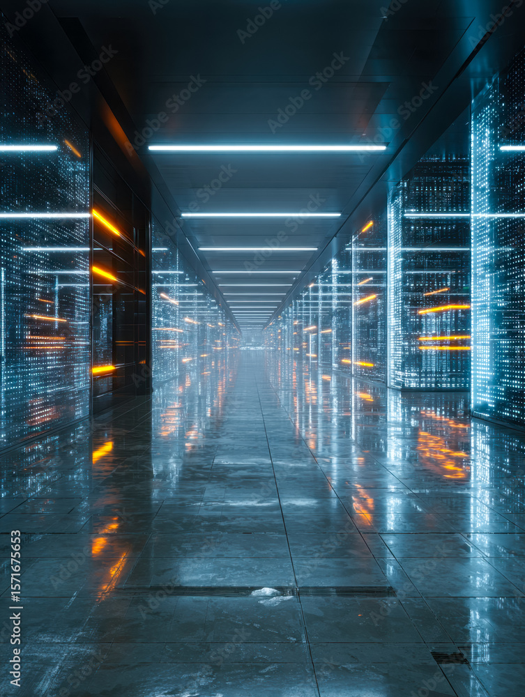 Poster futuristic data center with illuminated server racks and sleek design
