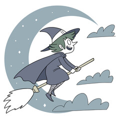 A whimsical witch flies on a broomstick against a backdrop of a crescent moon and fluffy clouds at night