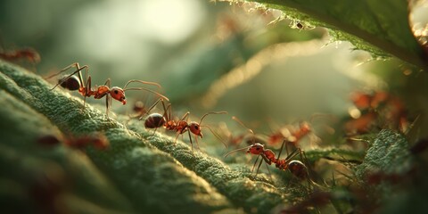 Ants walking on soil and plants in the garden – close-up of insect activity in natural habitat