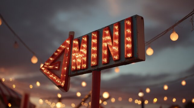 Illuminated carnival sign at dusk with festive lights in the background