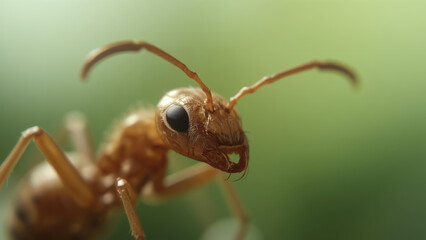 Frontal Ultra-Macro Close-Up of an Ant's Head, Showcasing its Detailed Compound Eyes and Antennae Against a Soft Green Blurred Background