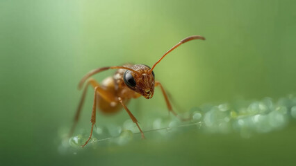 Ultra Close-Up of a Red Ant with Detailed Eyes and Antennae, Resting on a Dew-Kissed Blade of Grass Against a Soft Green Background, Highlighting Microscopic Nature