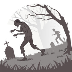 A spooky scene of a zombie walking through a graveyard with a person running away in the background fearfully