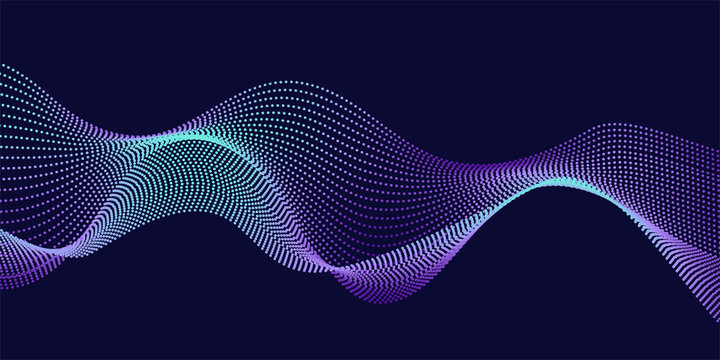 Abstract 3D wave with glowing gradient dots on a dark background. Perfect for tech, digital, music, and data visuals. High-resolution design ideal for modern commercial use.