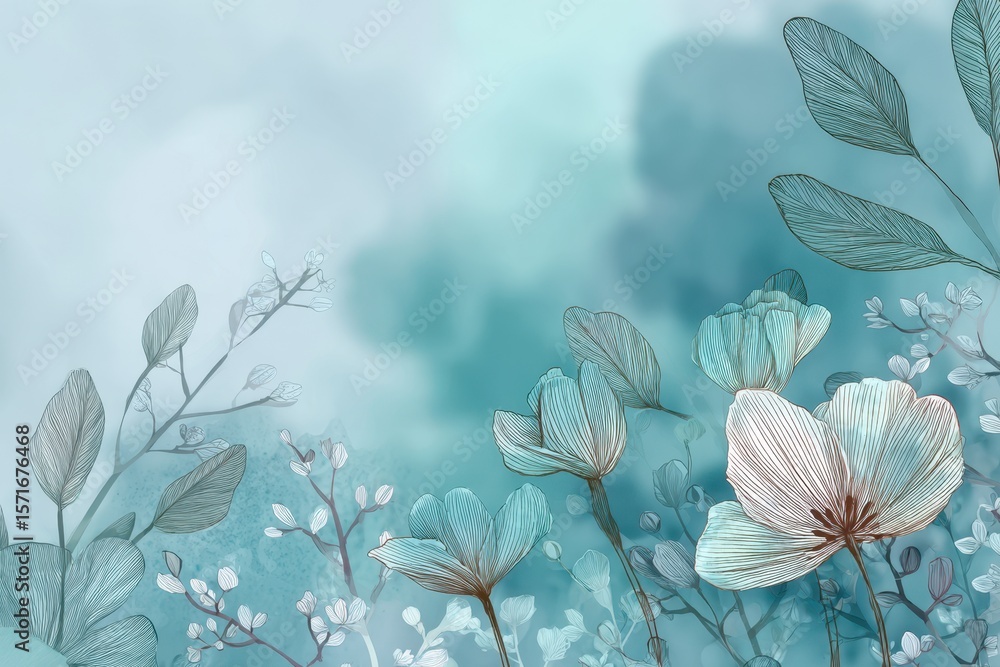 Poster delicate flowers with soft hues creating a serene atmosphere in a dreamlike environment surrounded b