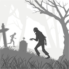 A terrifying zombie shambles through a misty graveyard chasing a fleeing person past gravestones and barren trees under a haunting ethereal sky