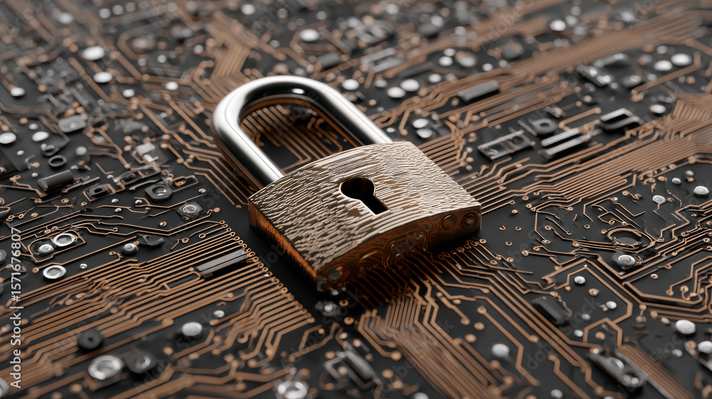 Poster padlock on circuit board. cyber security concept abstract background. secure service. technology dat