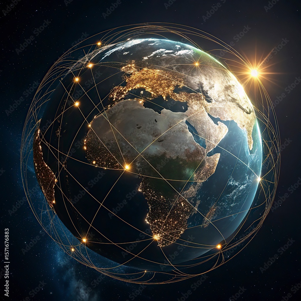 Poster globe with glowing city and skyscrapers on the background. global business concept. 3d rendering,glo