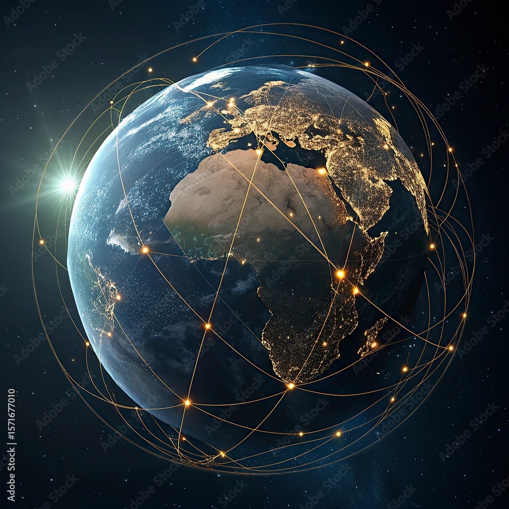 Poster globe with glowing city and skyscrapers on the background. global business concept. 3d rendering,glo
