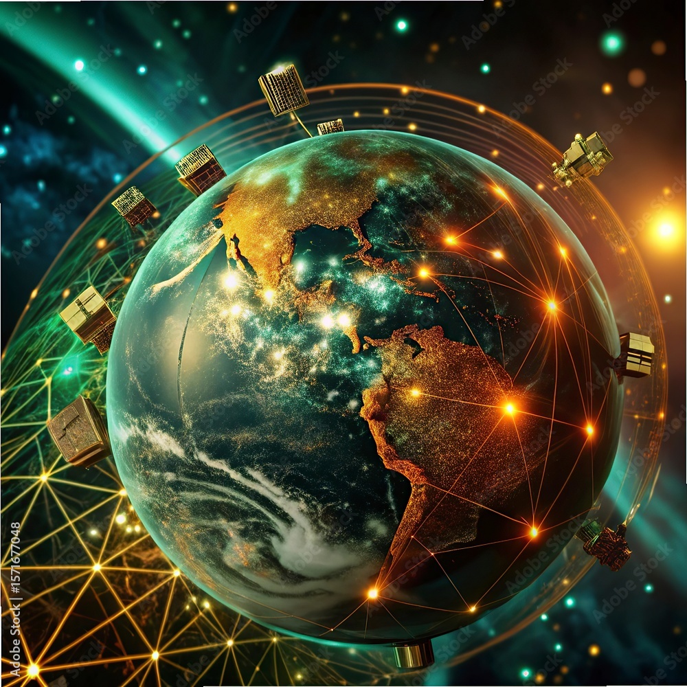Poster globe with glowing city and skyscrapers on the background. global business concept. 3d rendering,glo