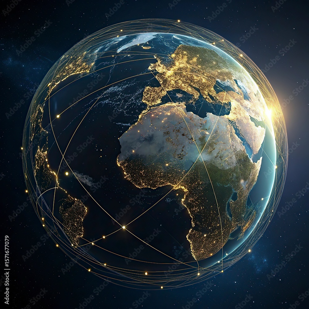 Poster globe with glowing city and skyscrapers on the background. global business concept. 3d rendering,glo