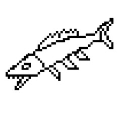 Pixelated outlined of a barracuda fish swimming in a digital space