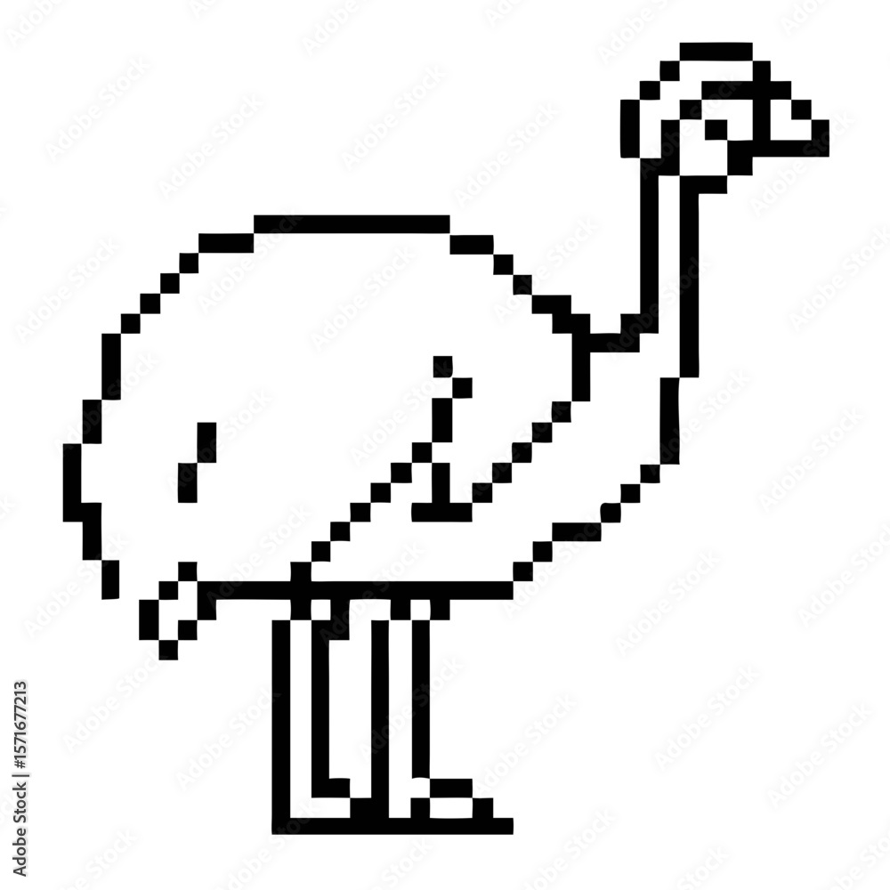 Poster cassowary standing on two legs in a pixel outline style, showcasing distinct features and shape
