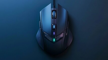 Modern black computer mouse with glowing lights sits centered on a deep blue surface