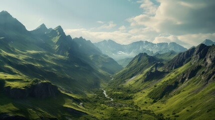 Naklejka premium Panoramic view of the majestic Alps: a summer mountain landscape with green valleys, snow-capped peaks, and an endless blue sky with scattered clouds