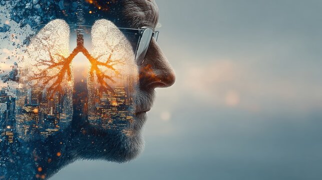 An elderly man gazes thoughtfully while a cityscape is artistically integrated with lung imagery, symbolizing the connection between health and urban living.