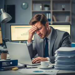Obraz premium businessman working on computer in office. Business man got migraine touches his head because of pain. Man manager with strong headache working on laptop.