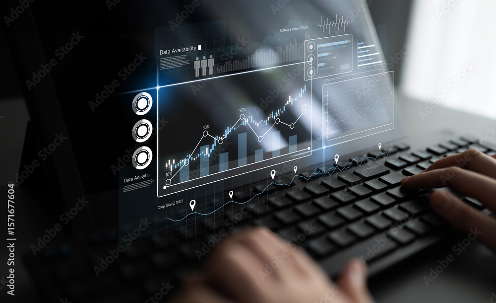 Poster high-tech data visualization dashboard for analytics and performance tracking, including data visual