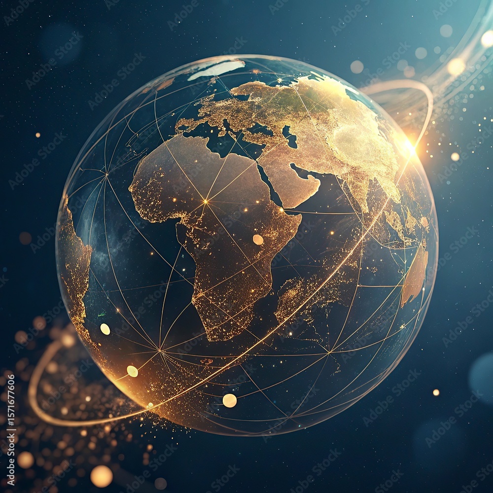 Poster globe with glowing city and skyscrapers on the background. global business concept. 3d rendering,glo