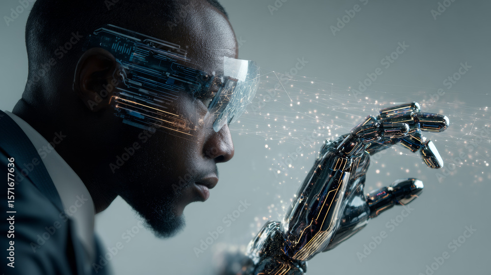 Poster man using tools ai. technology smart robot science and artificial intelligence technology, and innov