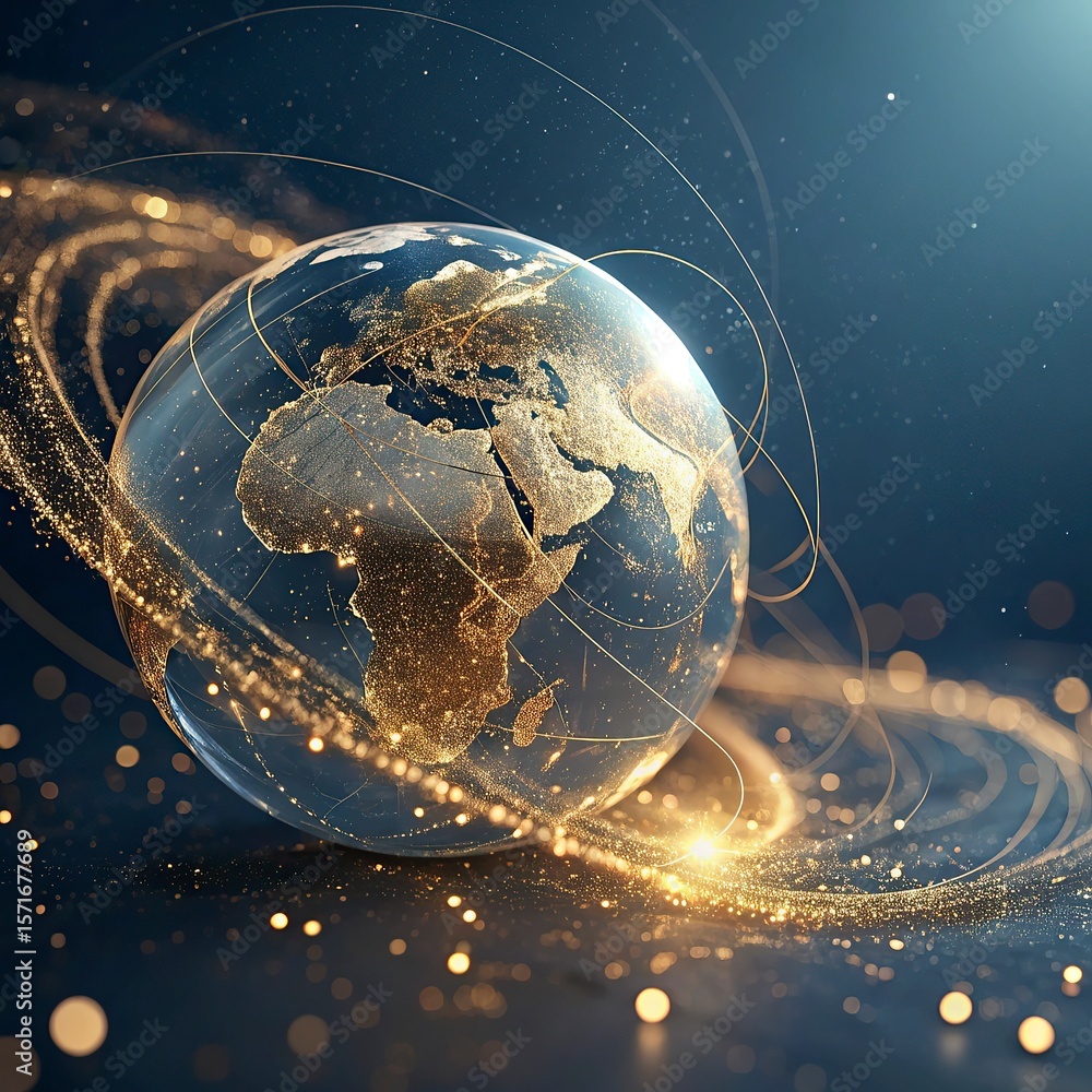 Poster globe with glowing city and skyscrapers on the background. global business concept. 3d rendering,glo