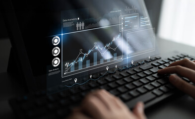 High-tech data visualization dashboard for analytics and performance tracking, including data...