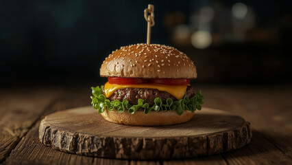 Delicious Classic Cheeseburger with Melted Cheese, Fresh Lettuce, and Tomato, Pinned with a Skewer on a Rustic Wooden Slab in a Dark, Atmospheric Setting