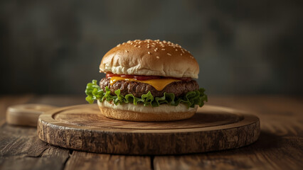 Gourmet Beef Cheeseburger with Fresh Lettuce, Melted Cheese, and Ketchup, Presented on a Rustic Wooden Board in a Moody, Cinematic Setting