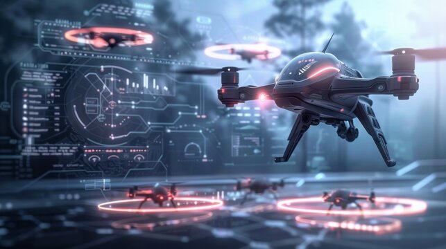 Futuristic Drone Swarm in Action: High-Tech Visuals for Advanced Technology and Robotics Concepts. - Powered by Adobe