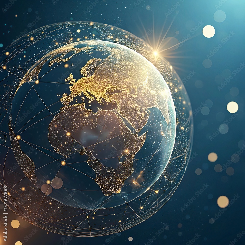 Poster globe with glowing city and skyscrapers on the background. global business concept. 3d rendering,glo