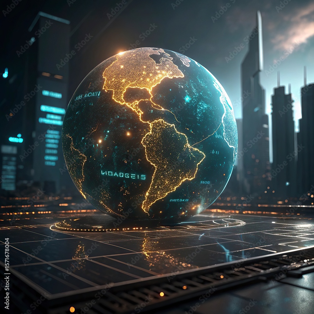Poster globe with glowing city and skyscrapers on the background. global business concept. 3d rendering,glo