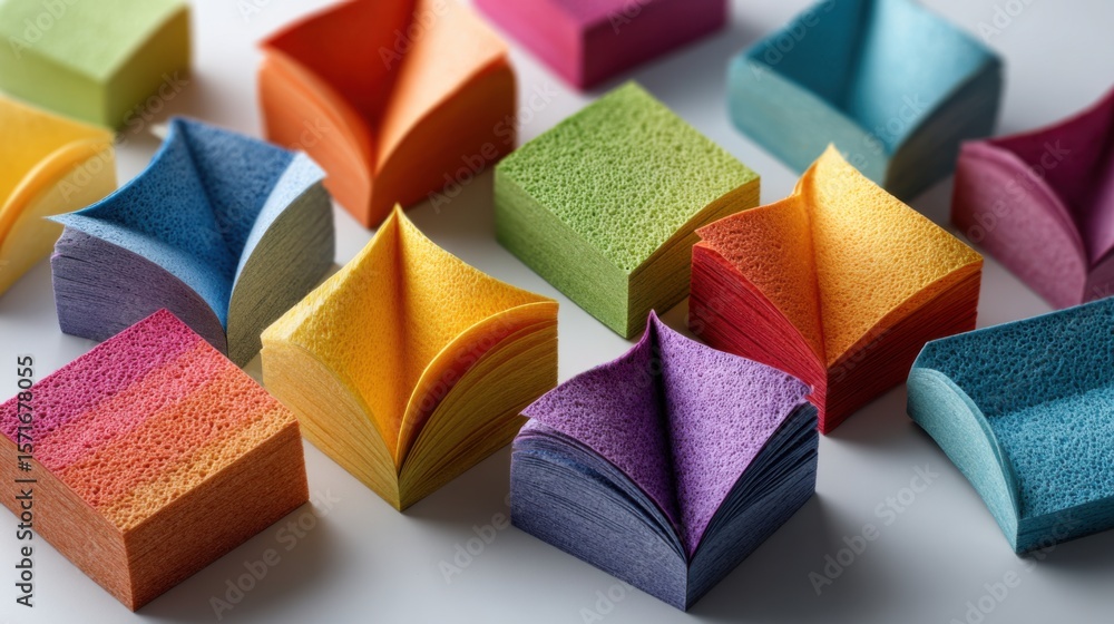 Poster a vibrant collection of folded paper squares is displayed on a smooth surface, featuring a variety o