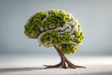 Symbolic tree resembling a brain represents emotional growth and connection in a calm, serene environment during daylight