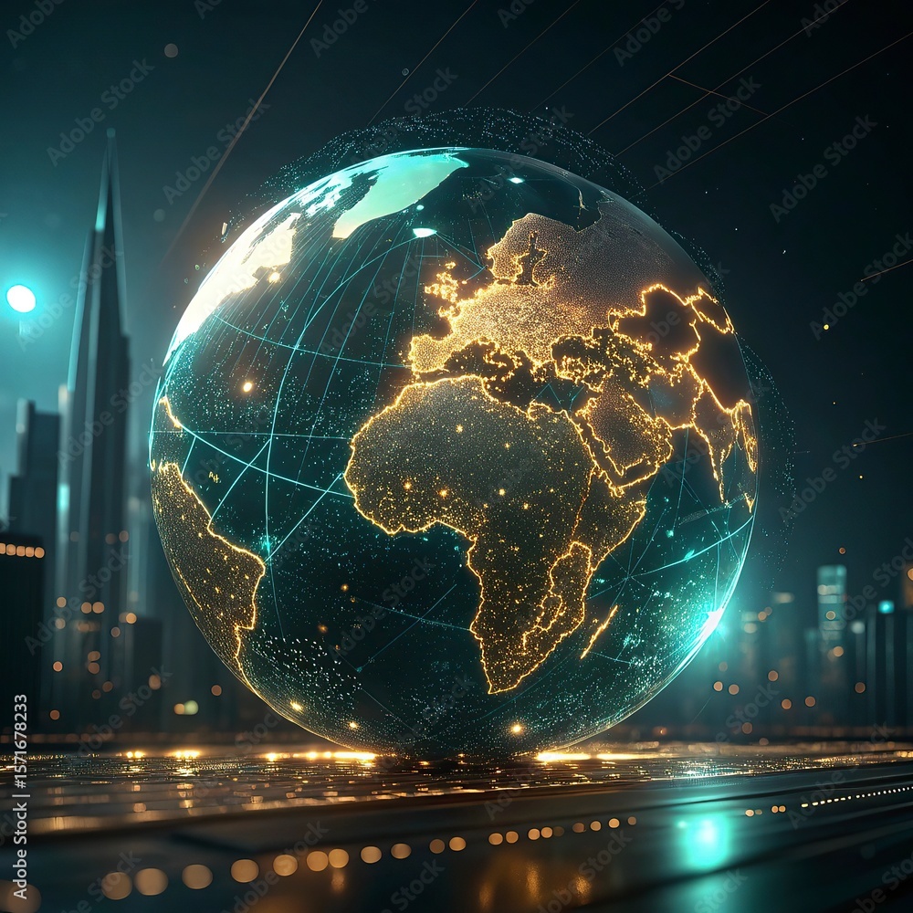 Poster globe with glowing city and skyscrapers on the background. global business concept. 3d rendering,glo