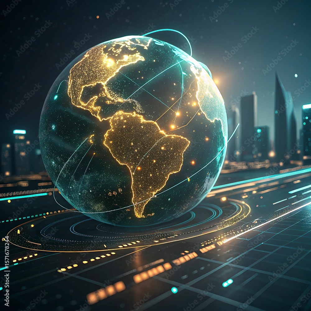 Poster globe with glowing city and skyscrapers on the background. global business concept. 3d rendering,glo