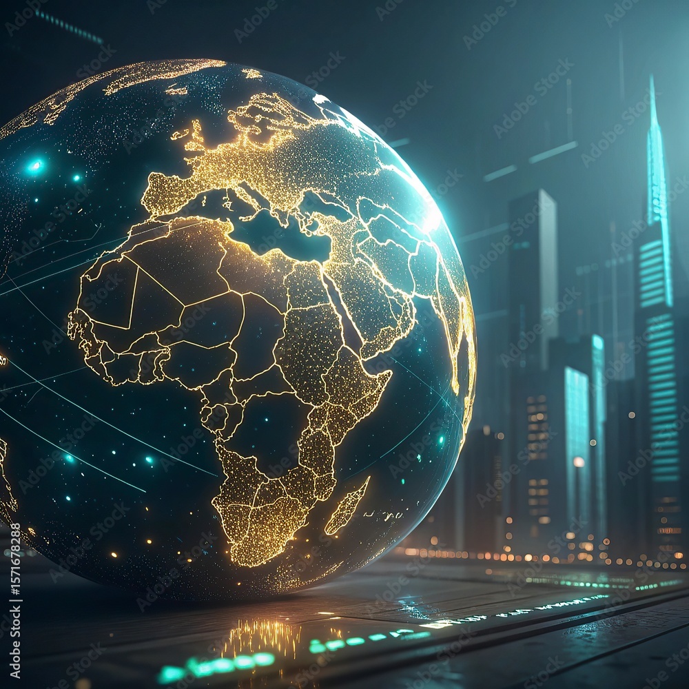 Poster globe with glowing city and skyscrapers on the background. global business concept. 3d rendering,glo